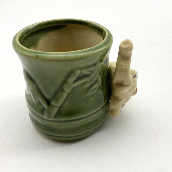 VTG Ceramic Planter Cup Vase Elephant Lucky Trunk Up Green Bamboo Asian 2 3/4”H - Picture 2 of 12